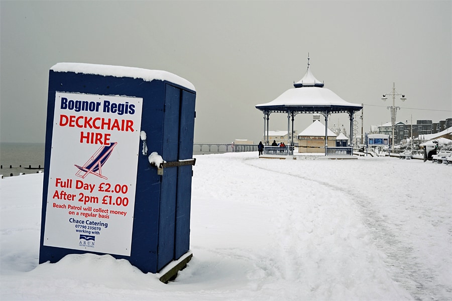 The promanade in the snow on the beach at Bognor Regis, West Sussex